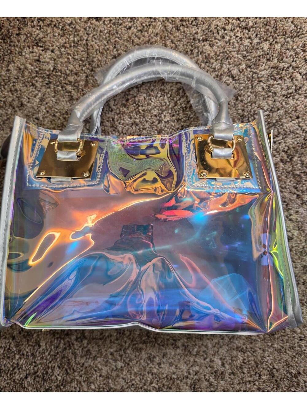 Trendy Iridescent Clear Holographic Handbag with Gold Hardware